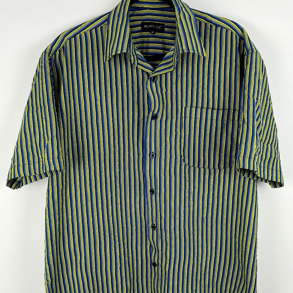 Black Ice Casual Button Down Shirt Size M Blue Green Short Sleeve Pocket Polyest